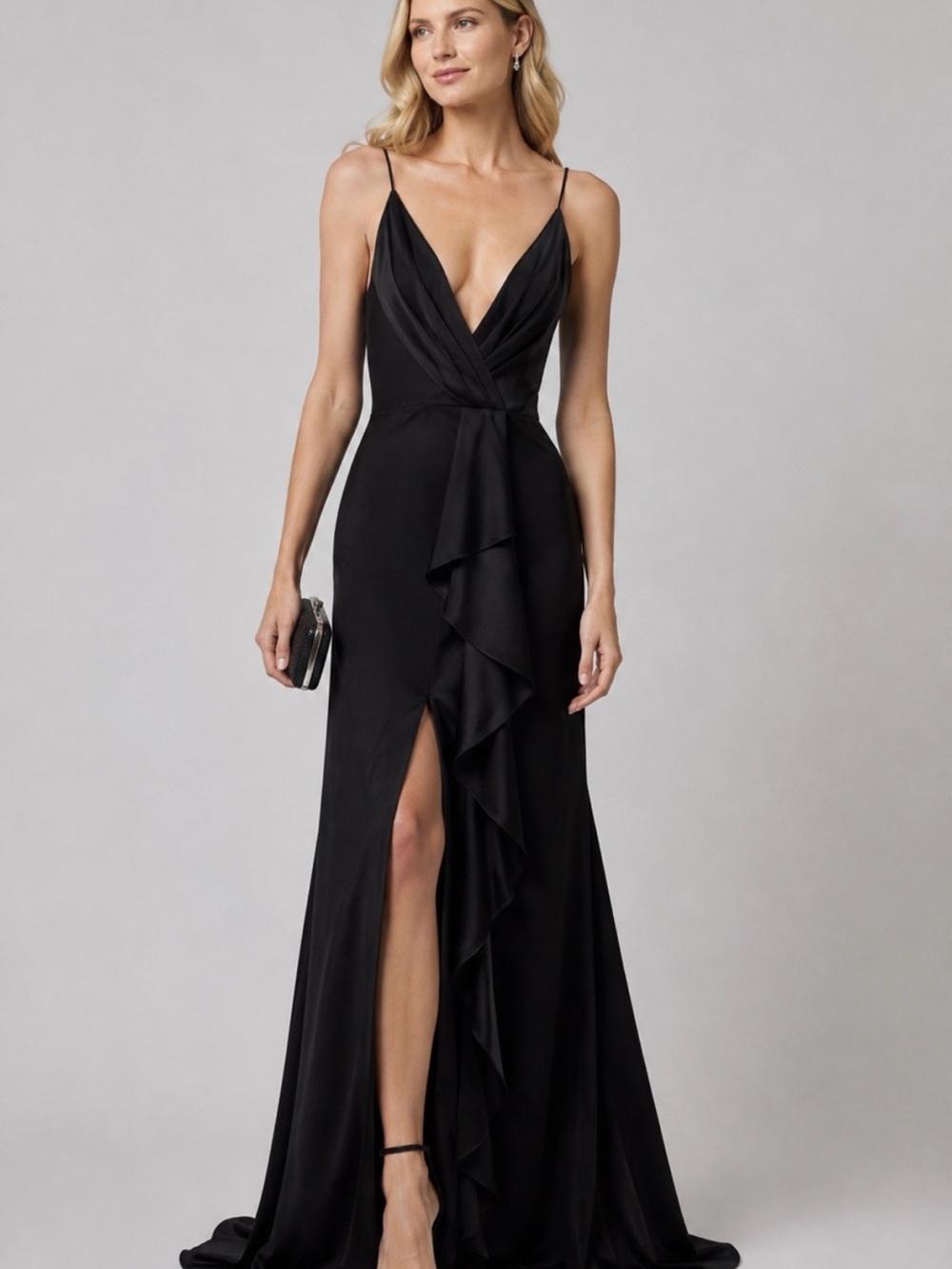 JAYGODFREY Black Ruffle-Front Spaghetti Strap Gown